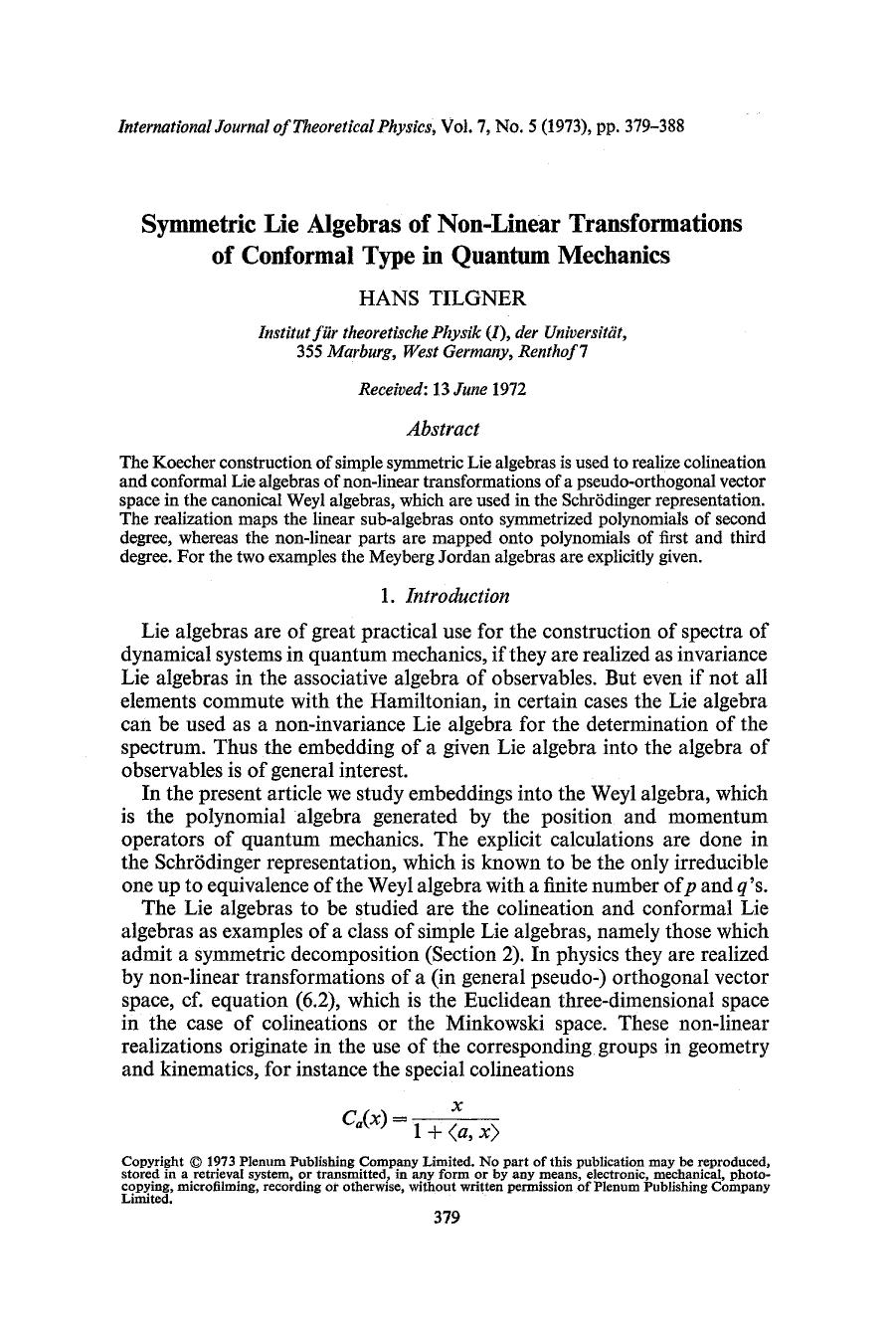 Symmetric Lie algebras of non-linear transformations of conformal type in quantum mechanics by Unknown