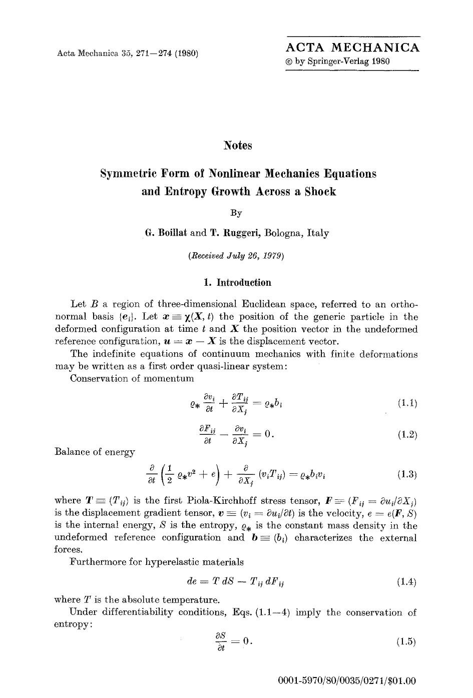 Symmetric form of nonlinear mechanics equations and entropy growth across a shock by Unknown