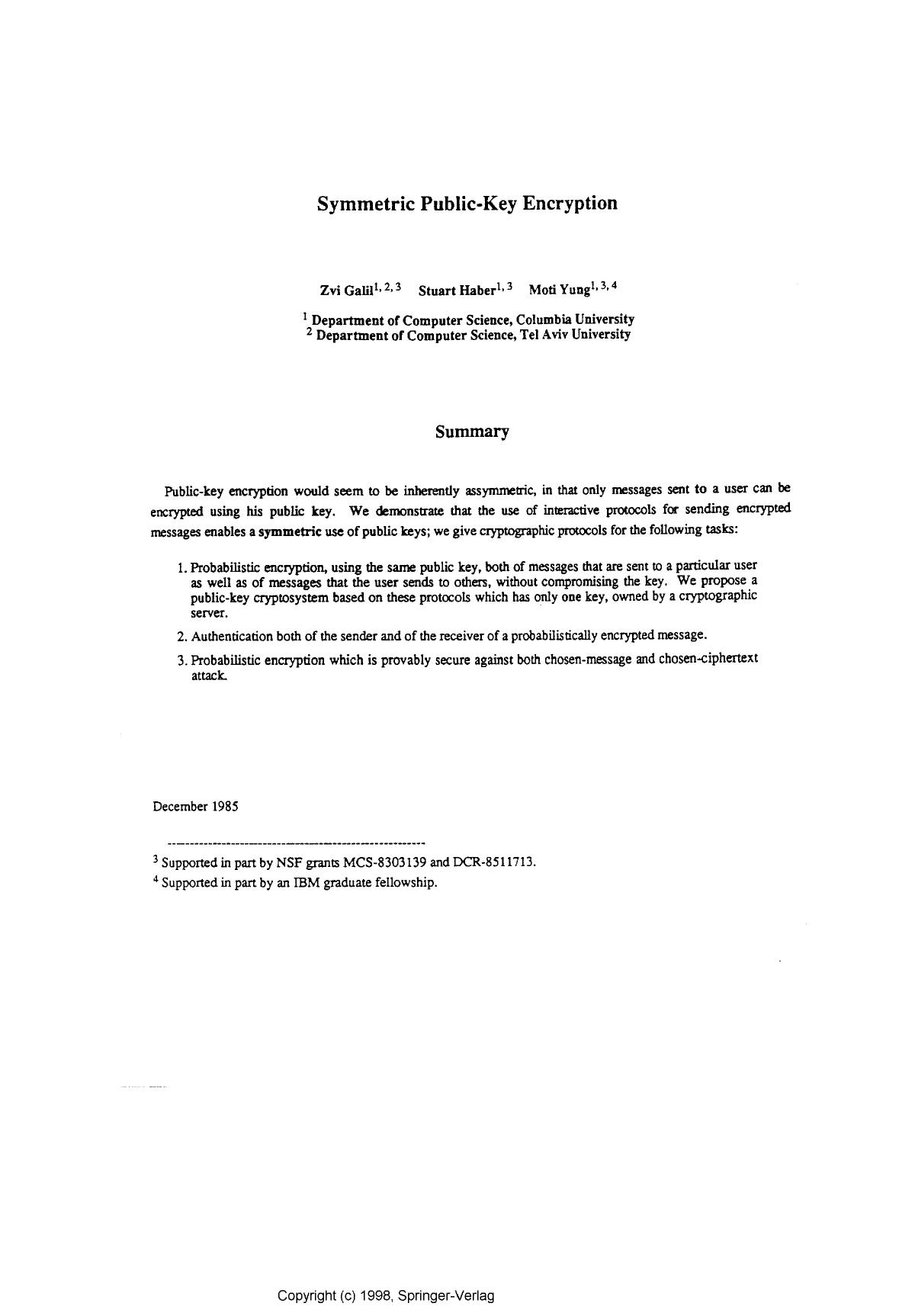 Symmetric public-key encryption by Galil Z. Haber S. & Yung M