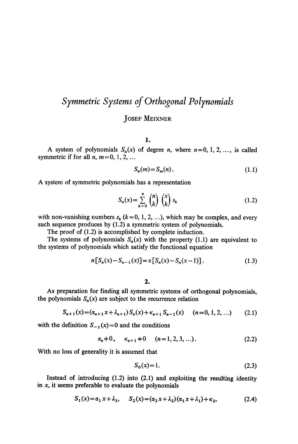 Symmetric systems of orthogonal polynomials by Unknown