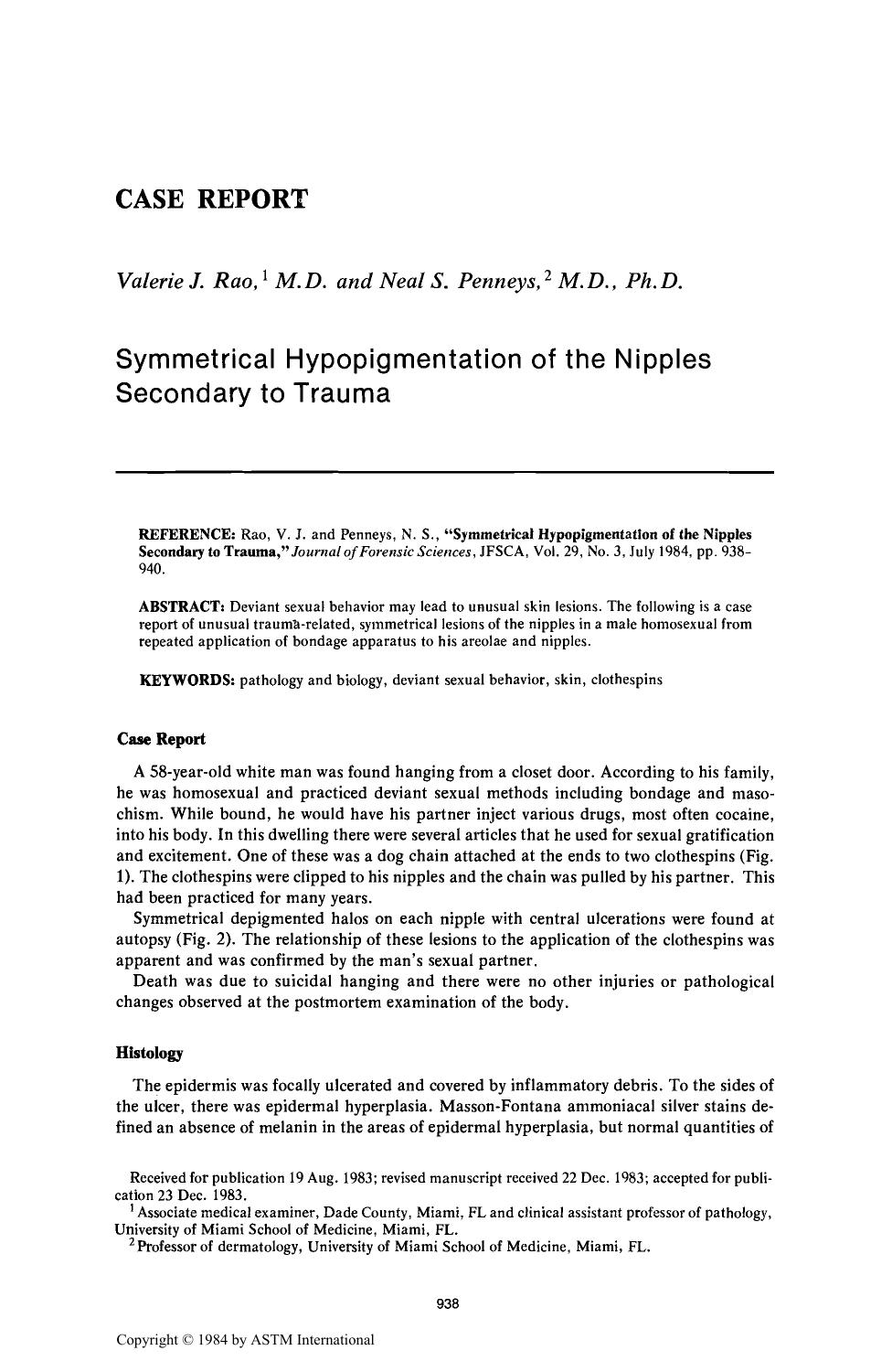 Symmetrical Hypopigmentation of the Nipples Secondary to Trauma by Rao VJ Penneys NS
