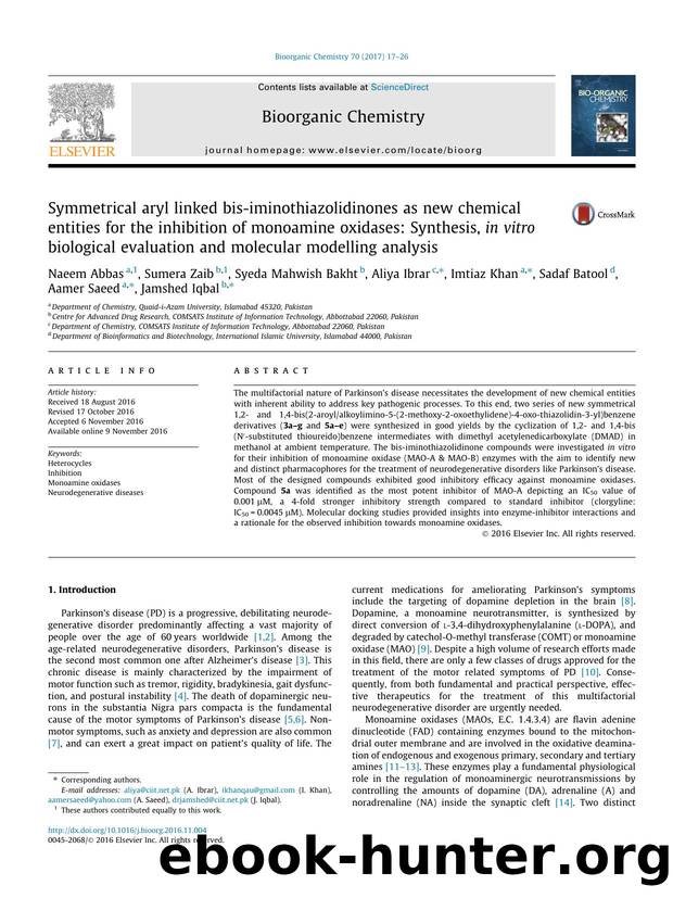Symmetrical aryl linked bis-iminothiazolidinones as new chemical entities for the inhibition of monoamine oxidases: Synthesis, in vitro biological evaluation and molecular modelling analysis by unknow