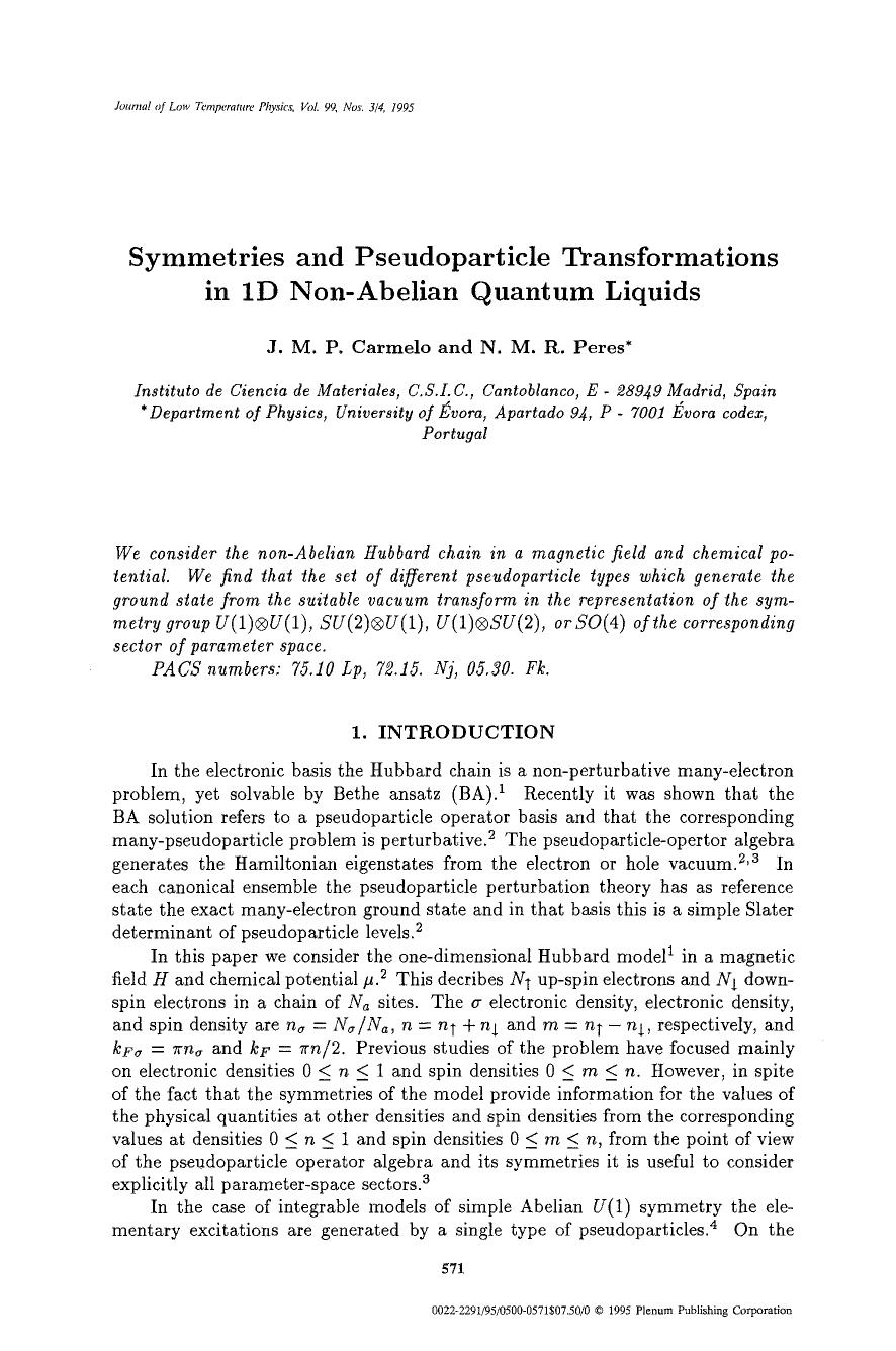 Symmetries and pseudoparticle transformations in 1D non-Abelian quantum liquids by Unknown