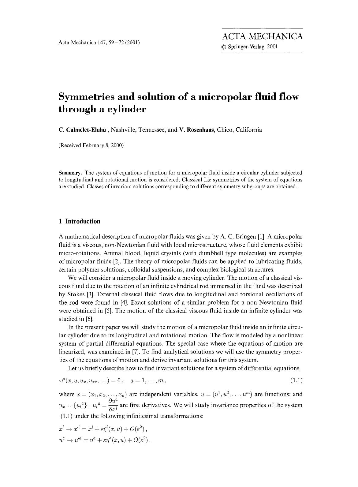 Symmetries and solution of a micropolar fluid flow through a cylinder by Unknown