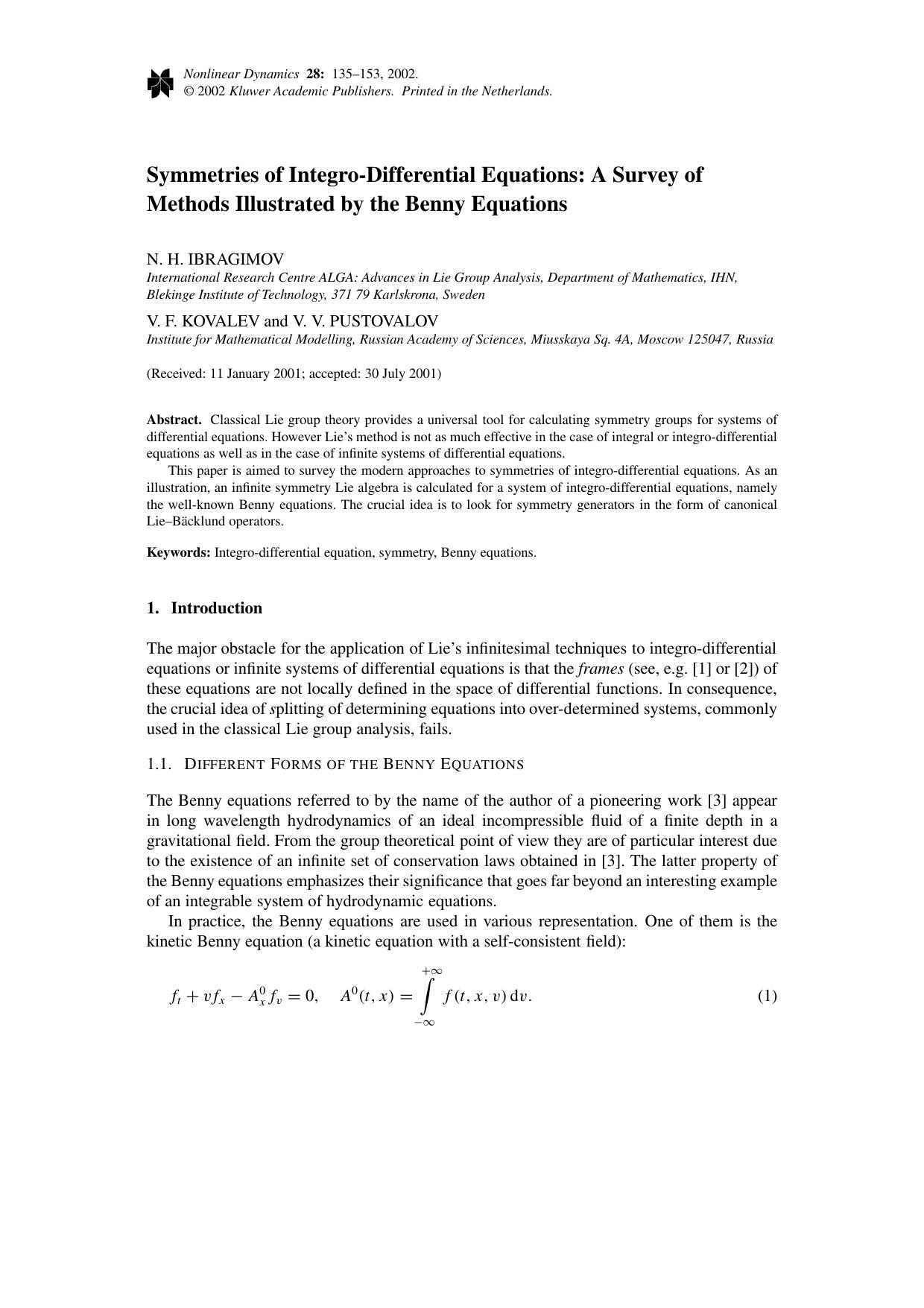 Symmetries of Integro-Differential Equations: A Survey of Methods Illustrated by the Benny Equations by Unknown