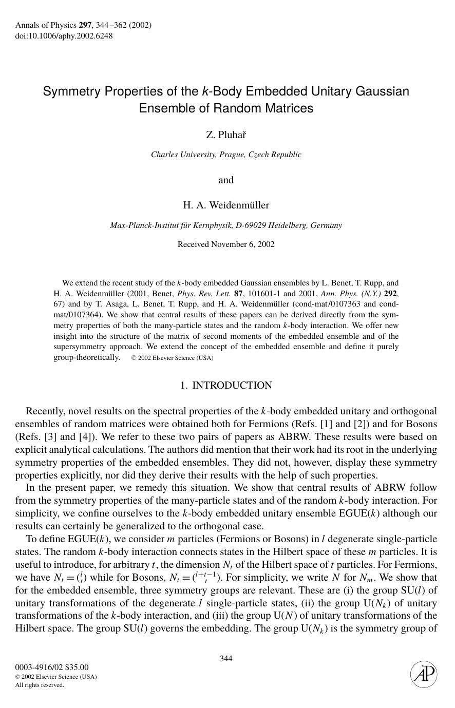 Symmetry Properties of the k-Body Embedded Unitary GaussianEnsemble of Random Matrices by Pluhar Z. et al