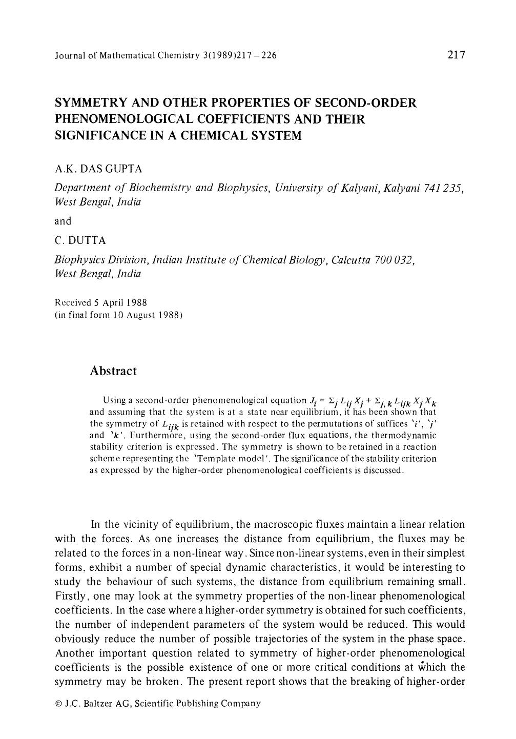 Symmetry and other properties of second-order phenomenological coefficients and thier significance in a chemical system by Unknown