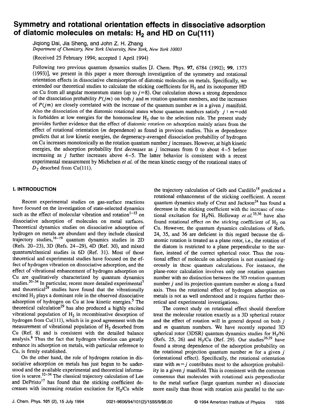 Symmetry and rotational orientation effects in dissociative adsorption of diatomic molecules on metals: H2 and HD on Cu(111) by Jiqiong Dai; Jia Sheng; John Z. H. Zhang