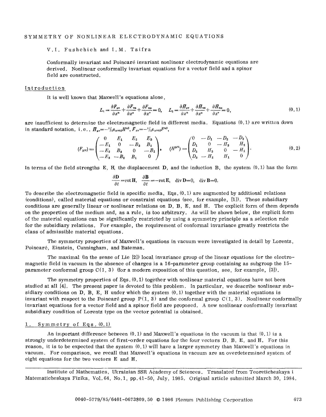 Symmetry of nonlinear electrodynamic equations by Unknown