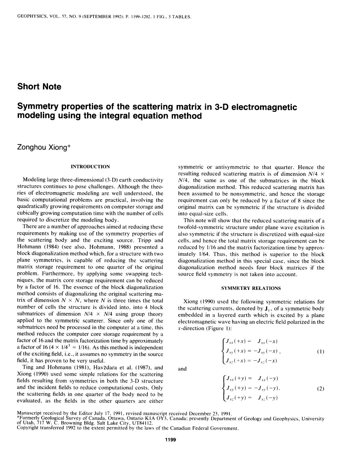 Symmetry properties of the scattering matrix in 3-D electromagnetic modeling using the integral equation method: SHORT NOTE by Xiong Z
