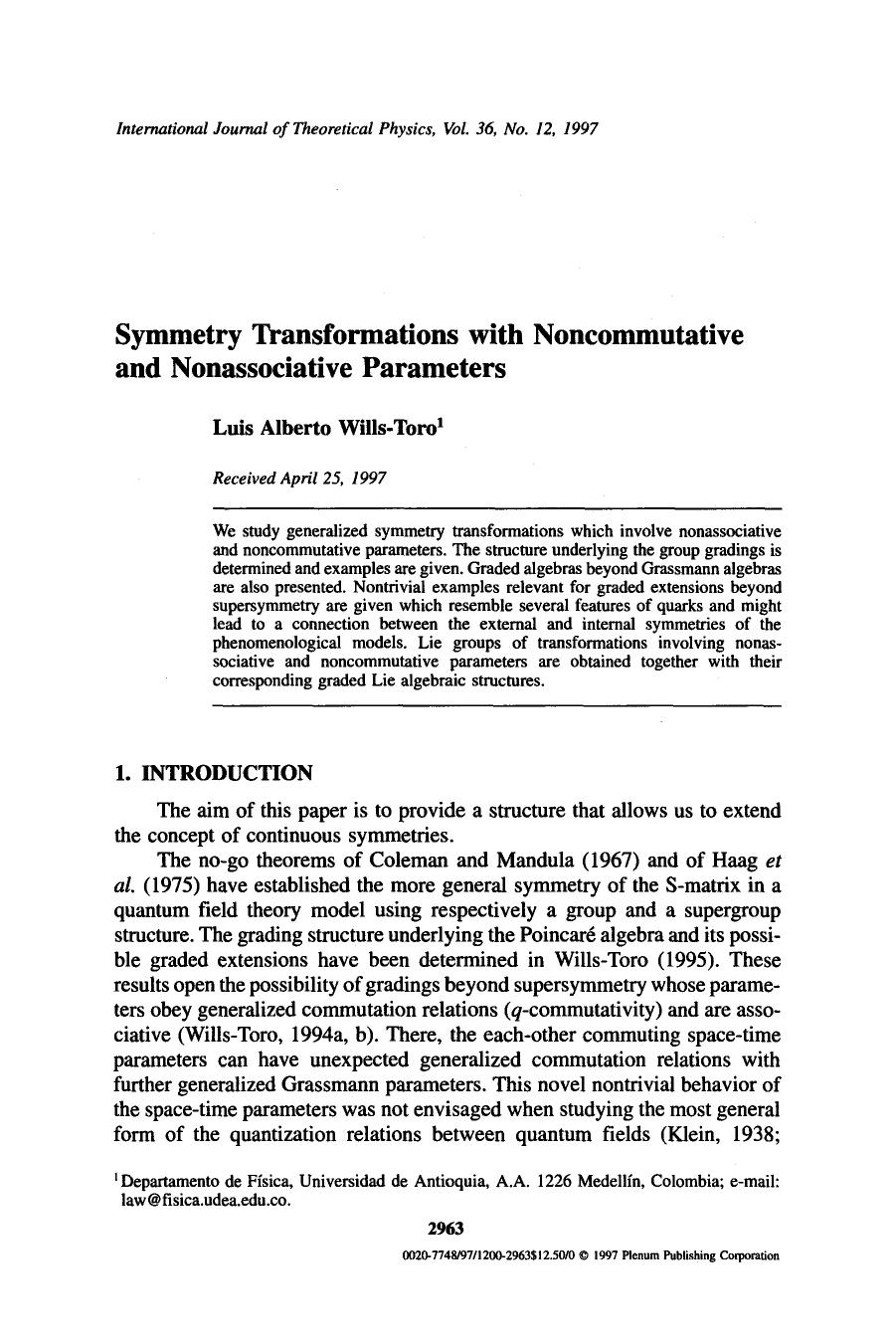 Symmetry transformations with noncommutative and nonassociative parameters by Unknown