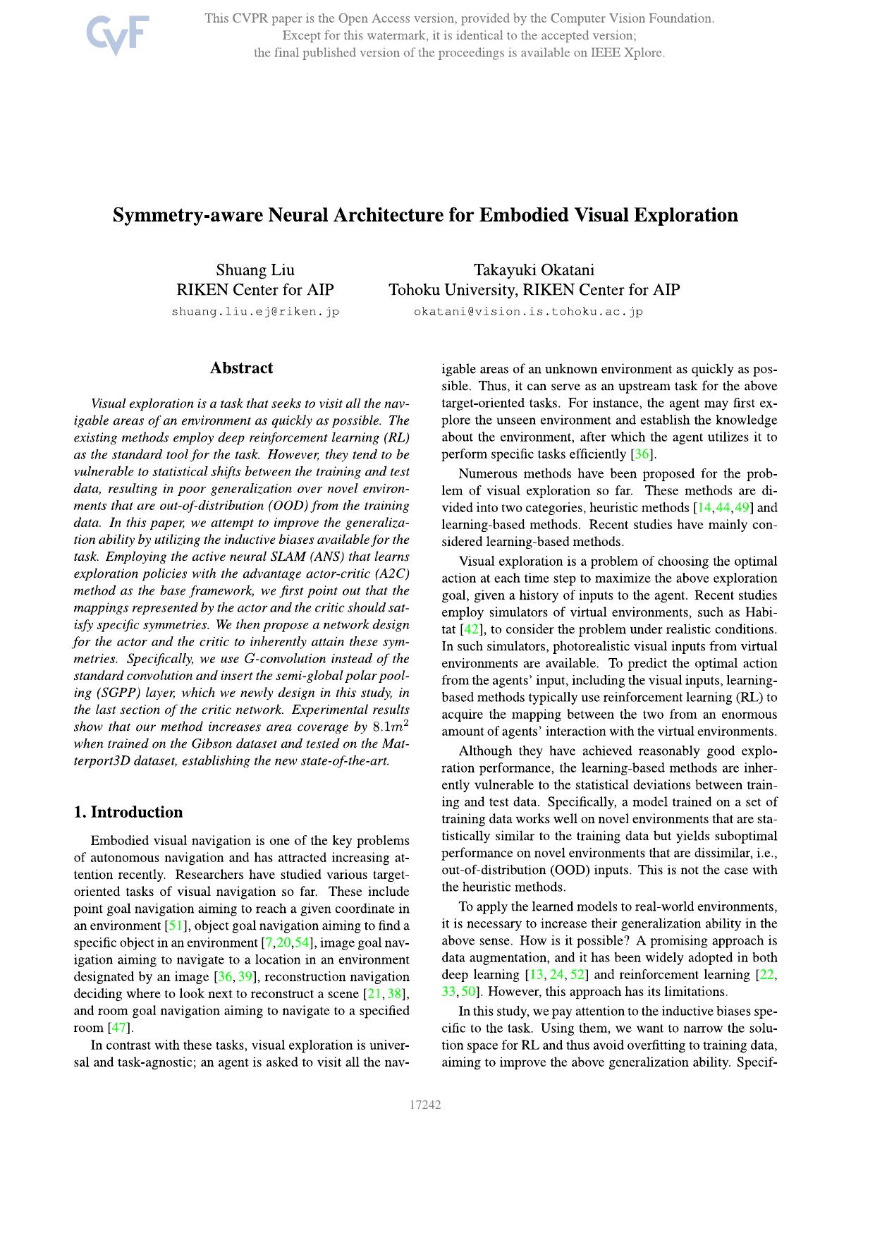 Symmetry-Aware Neural Architecture for Embodied Visual Exploration by Shuang Liu & Takayuki Okatani