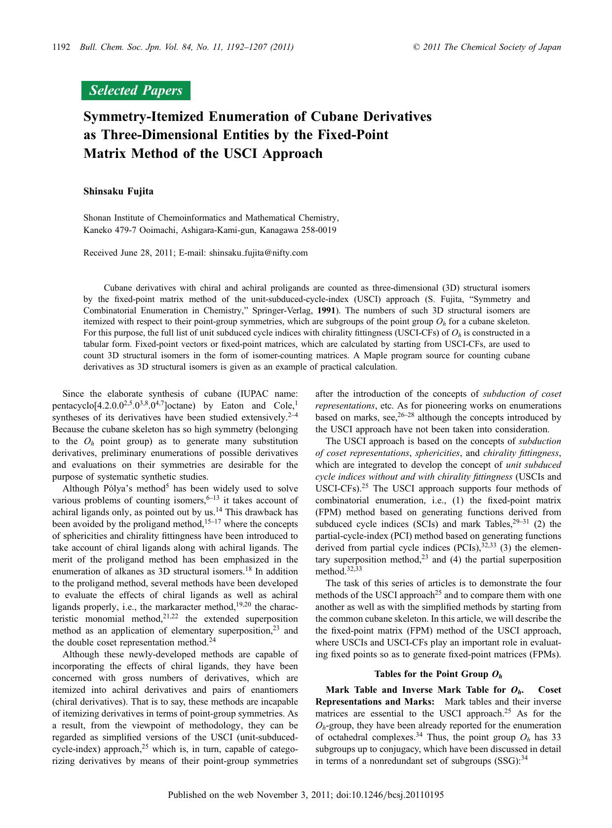 Symmetry-Itemized Enumeration of Cubane Derivatives as Three-Dimensional Entities by the Fixed-Point Matrix Method of the USCI Approach by Shinsaku Fujita