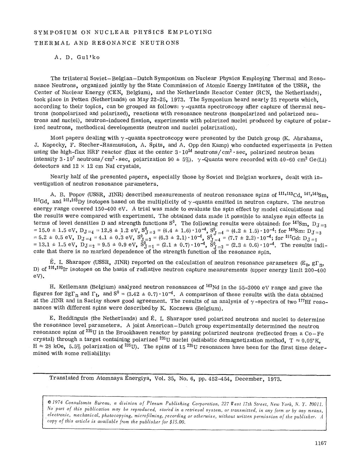 Symposium on Nuclear Physics Employing Thermal and Resonance Neutrons by Unknown