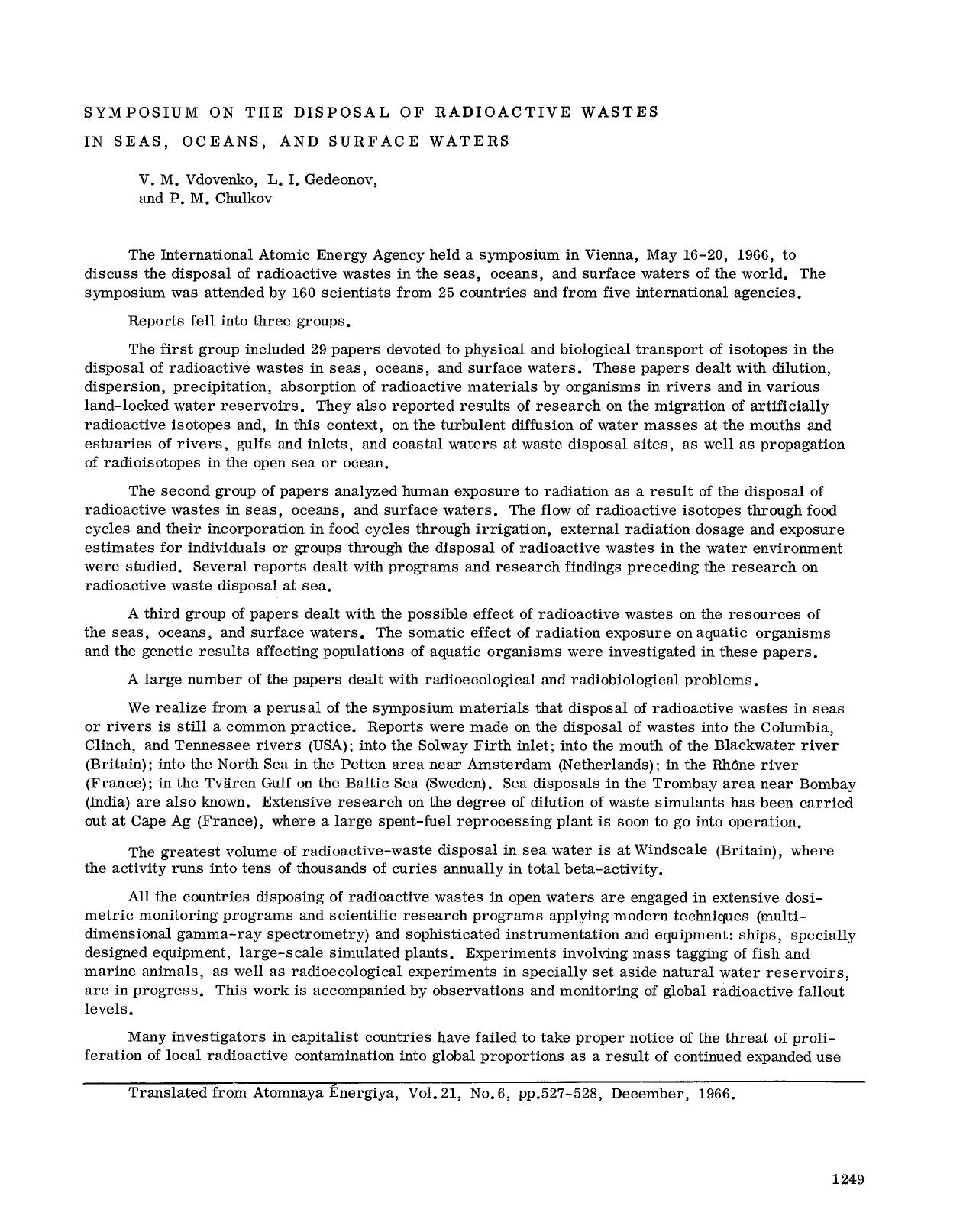 Symposium on the Disposal of Radioactive Wastes in Seas, Oceans, and Surface Waters by Unknown