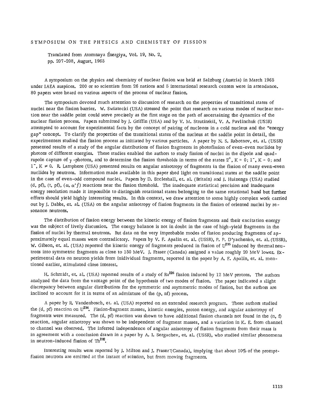 Symposium on the Physics and Chemistry of Fission by Unknown