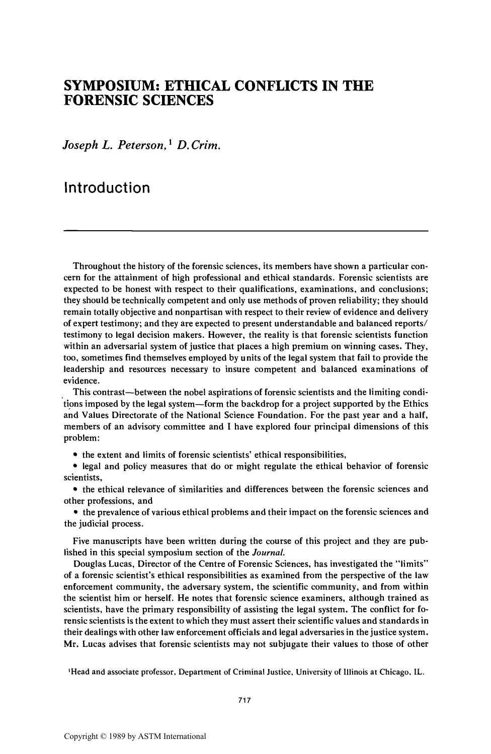 Symposium: Ethical Conflicts in the Forensic Sciences by Peterson JL Crim D