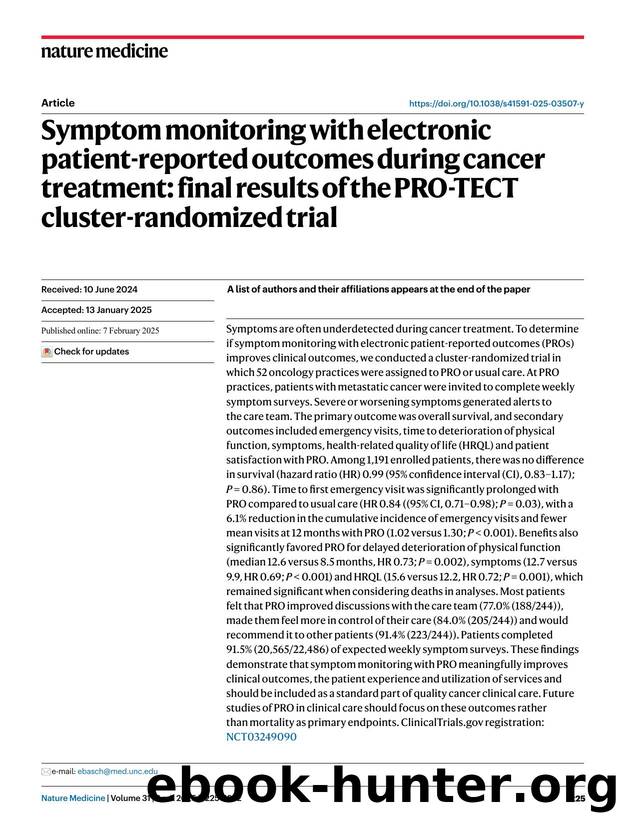 Symptom monitoring with electronic patient-reported outcomes during cancer treatment: final results of the PRO-TECT cluster-randomized trial by unknow