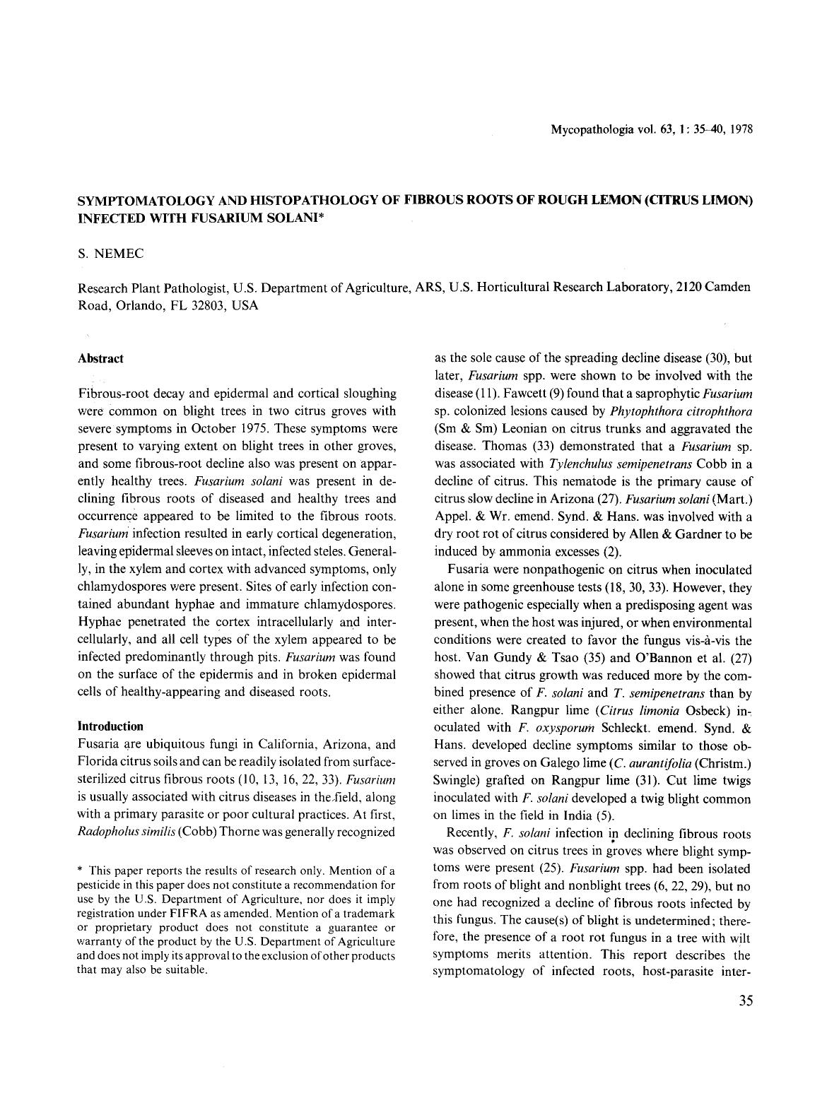 Symptomatology and histopathology of fibrous roots of rough lemon (citrus limon) infected with Fusarium solani by Unknown