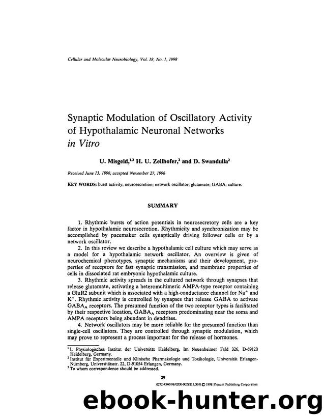 Synaptic Modulation of Oscillatory Activity of Hypothalamic Neuronal Networks <Emphasis Type="Italic">in Vitro<Emphasis> by Unknown