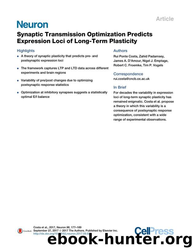 Synaptic Transmission Optimization Predicts Expression Loci of Long-Term Plasticity by unknow