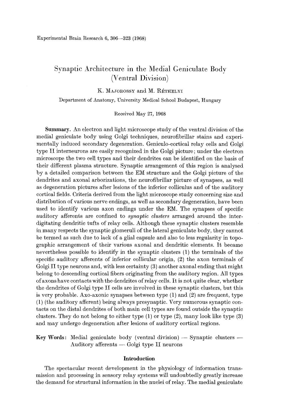 Synaptic architecture in the medial geniculate body (ventral division) by Unknown