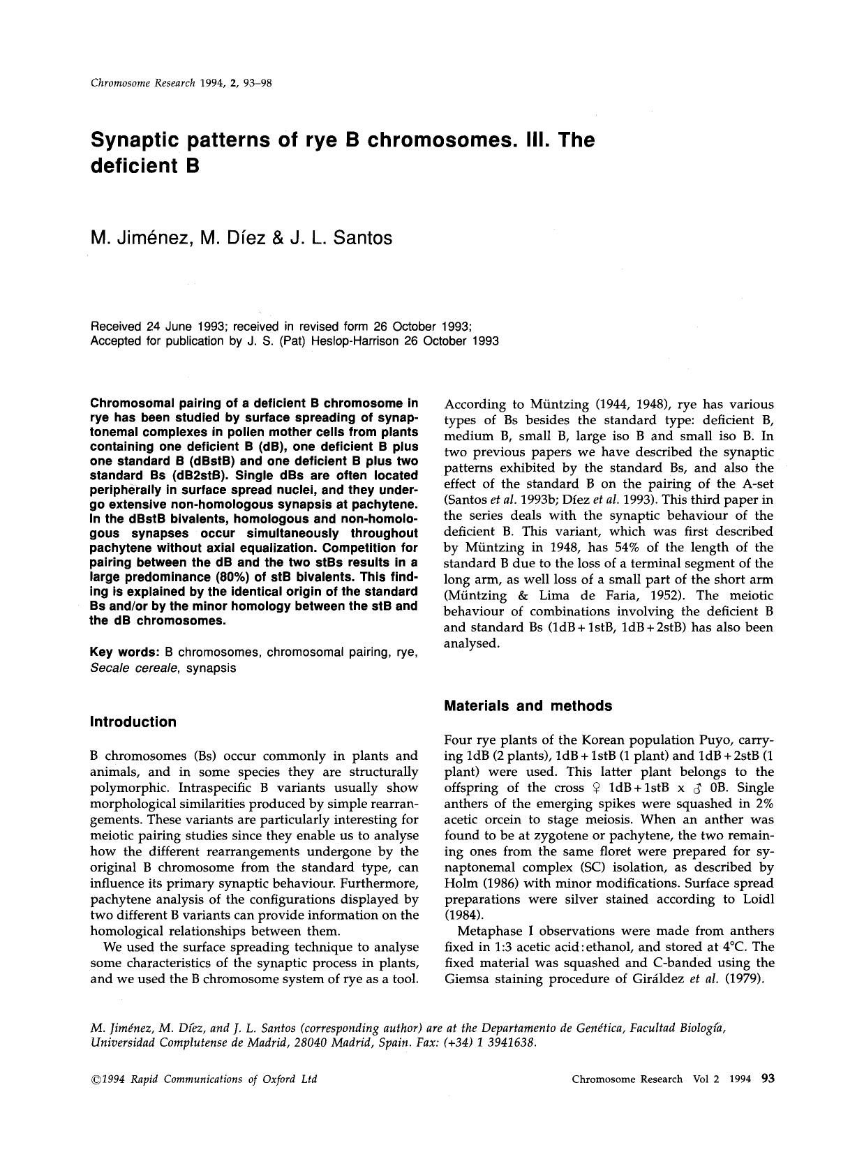 Synaptic patterns of rye B chromosomes. III. The deficient B by Unknown
