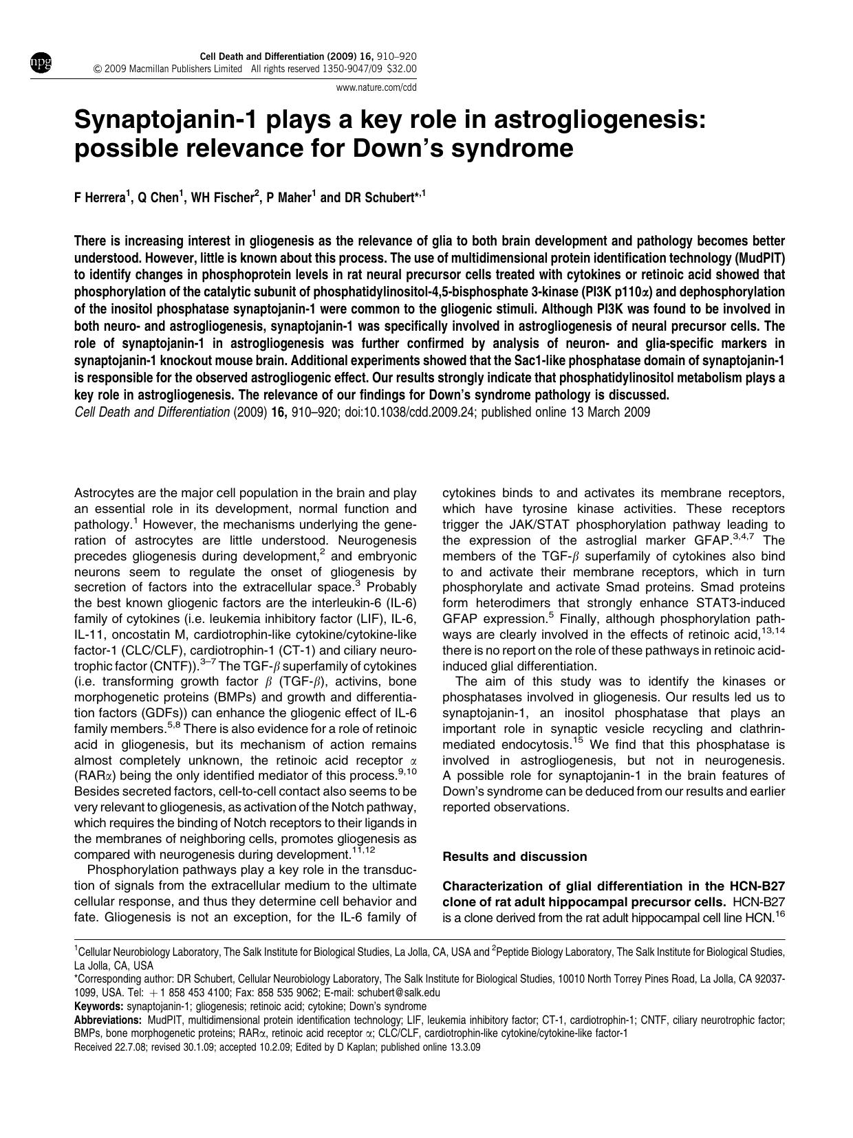 Synaptojanin-1 plays a key role in astrogliogenesis: possible relevance for Down's syndrome by F Herrera & Q Chen & W H Fischer & P Maher & D R Schubert &