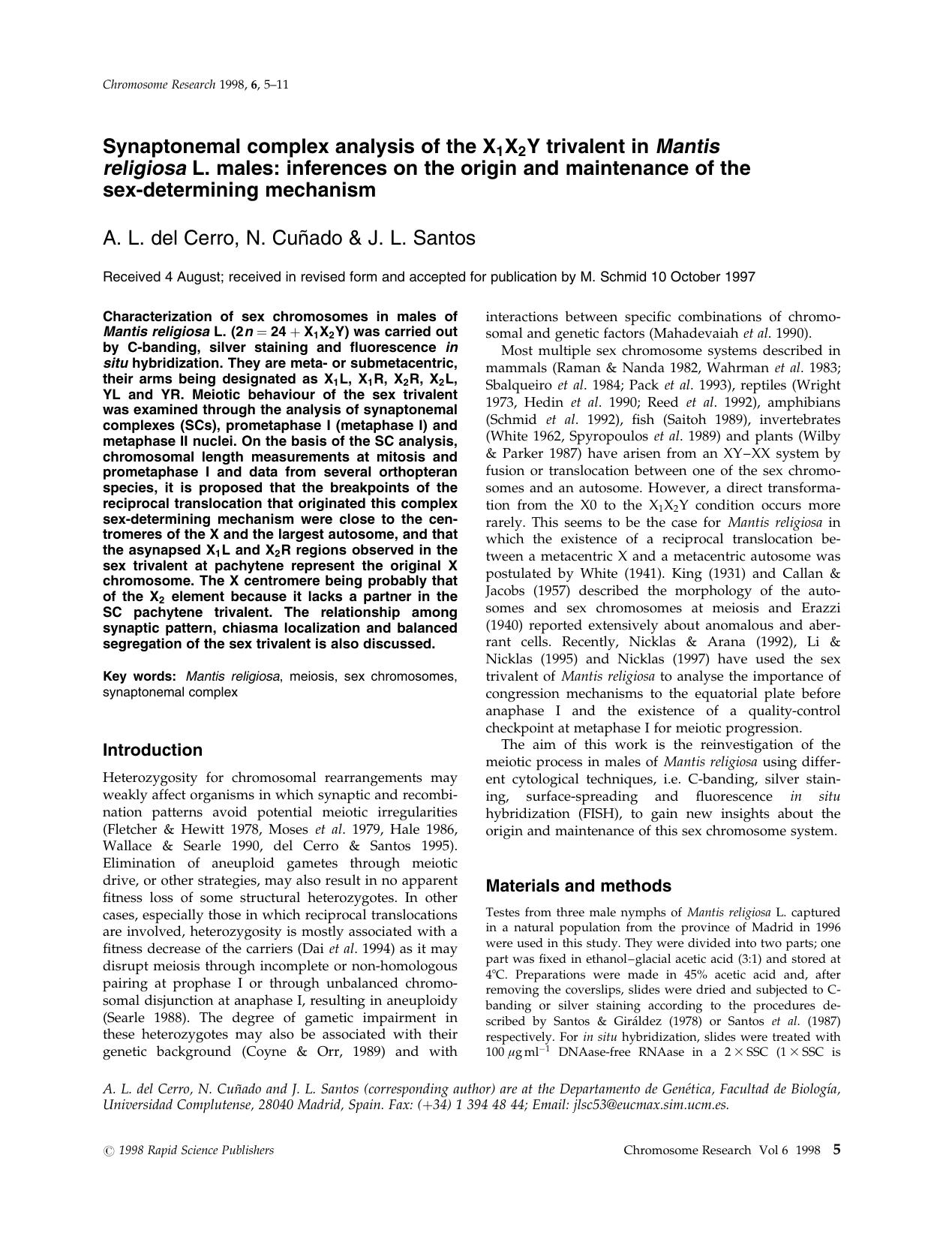Synaptonemal complex analysis of the X1X2Y trivalent in Mantis religiosa L. males: inferences on the origin and maintenance of the sex-determining mechanism by Unknown