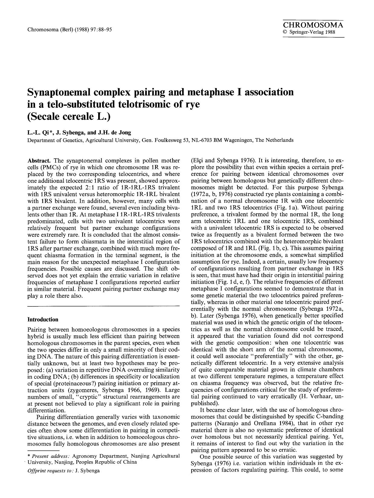 Synaptonemal complex pairing and metaphase I association in a telo-substituted telotrisomic of rye (Secale cereale L.) by Unknown