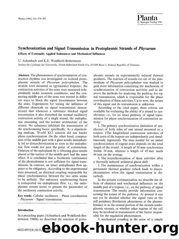 Synchronization and signal transmission in protoplasmic strands of <Emphasis Type="Italic">Physarum<Emphasis> by Unknown