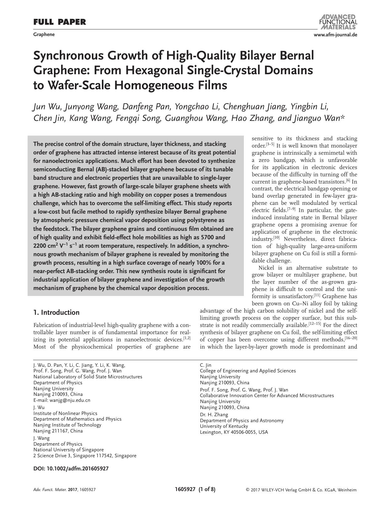 Synchronous Growth of High‐Quality Bilayer Bernal Graphene: From Hexagonal Single‐Crystal Domains to Wafer‐Scale Homogeneous Films by Unknown