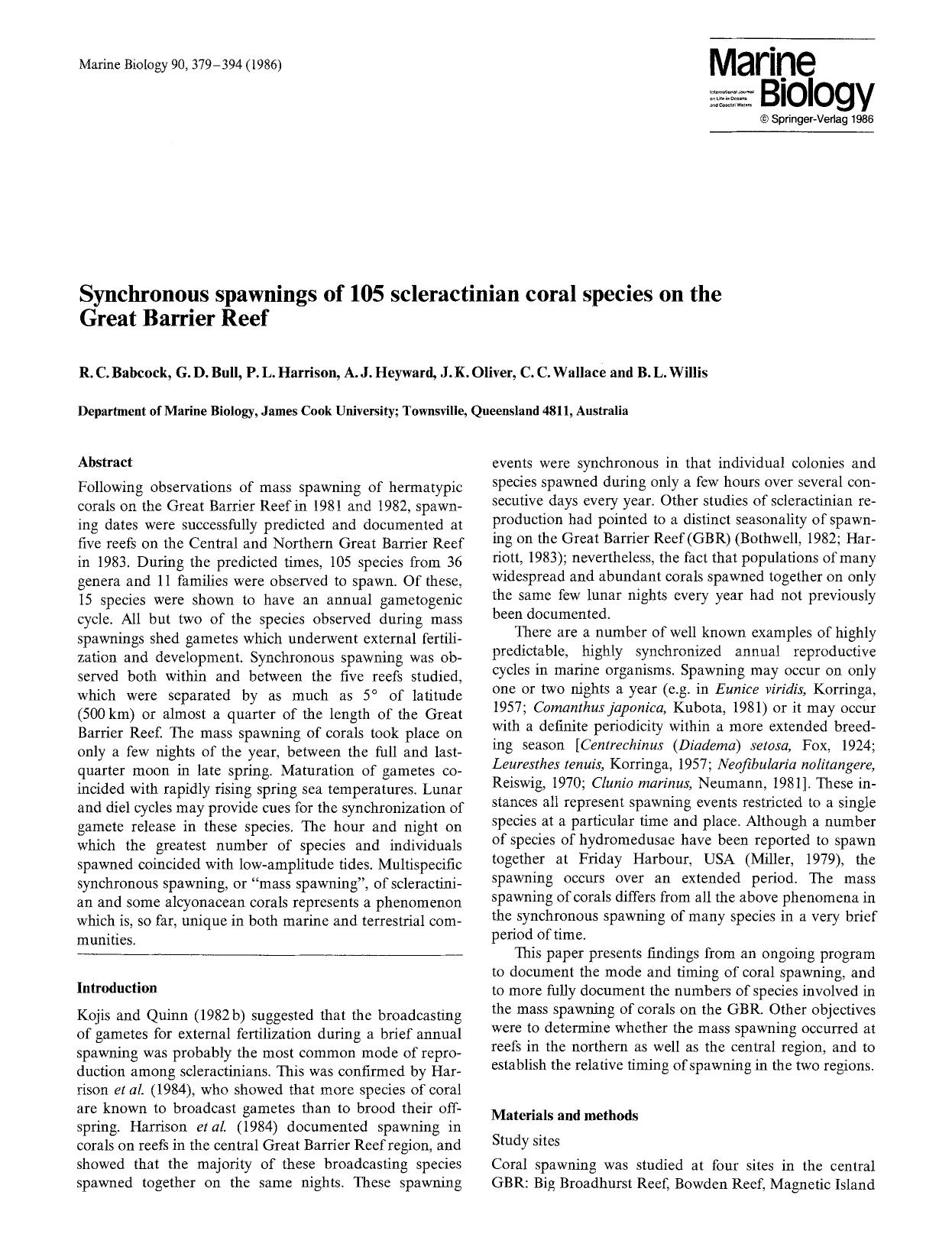 Synchronous spawnings of 105 scleractinian coral species on the Great Barrier Reef by Unknown