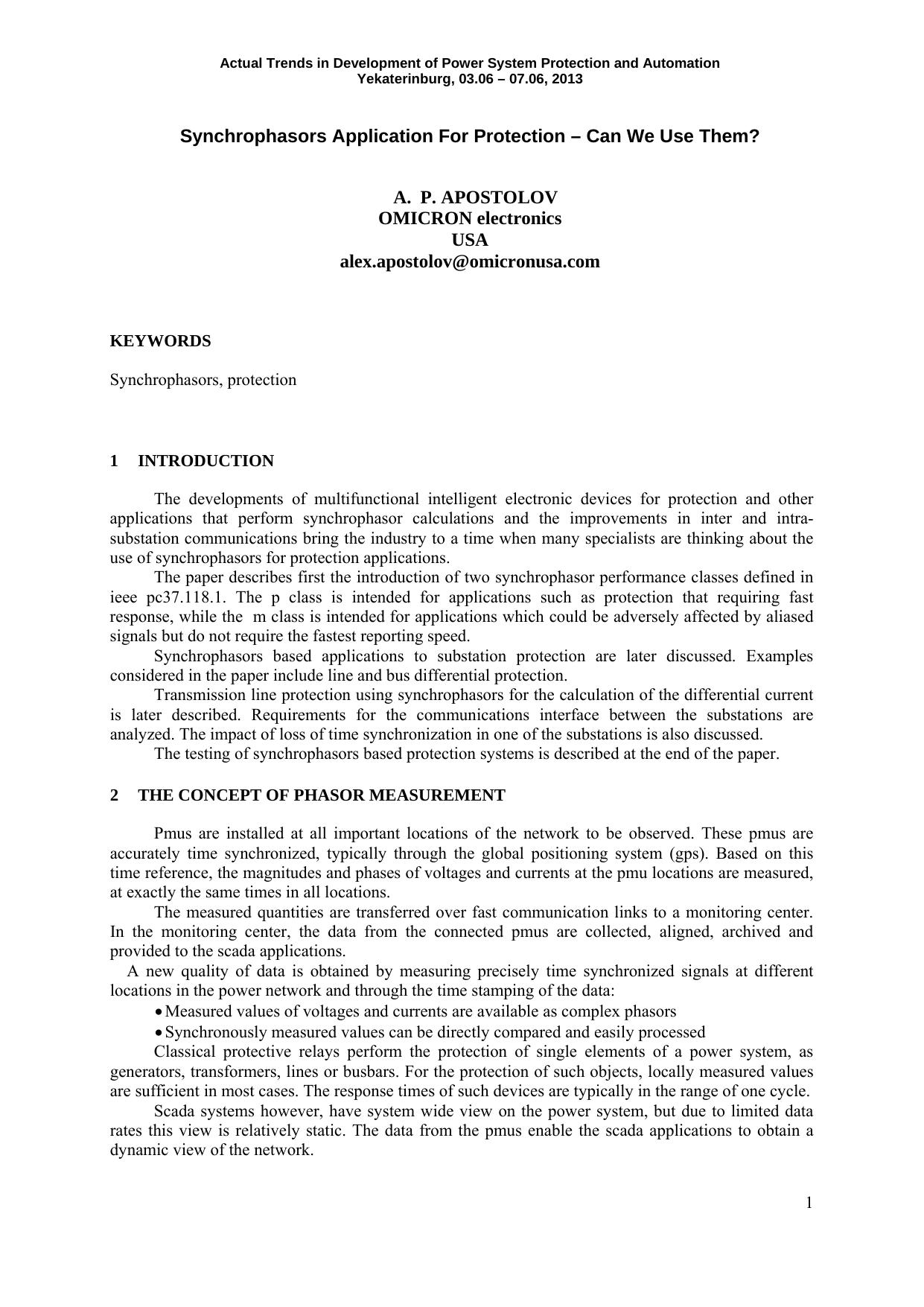 Synchrophasors Application For Protection - Can We Use Them? by Apostolov A.P