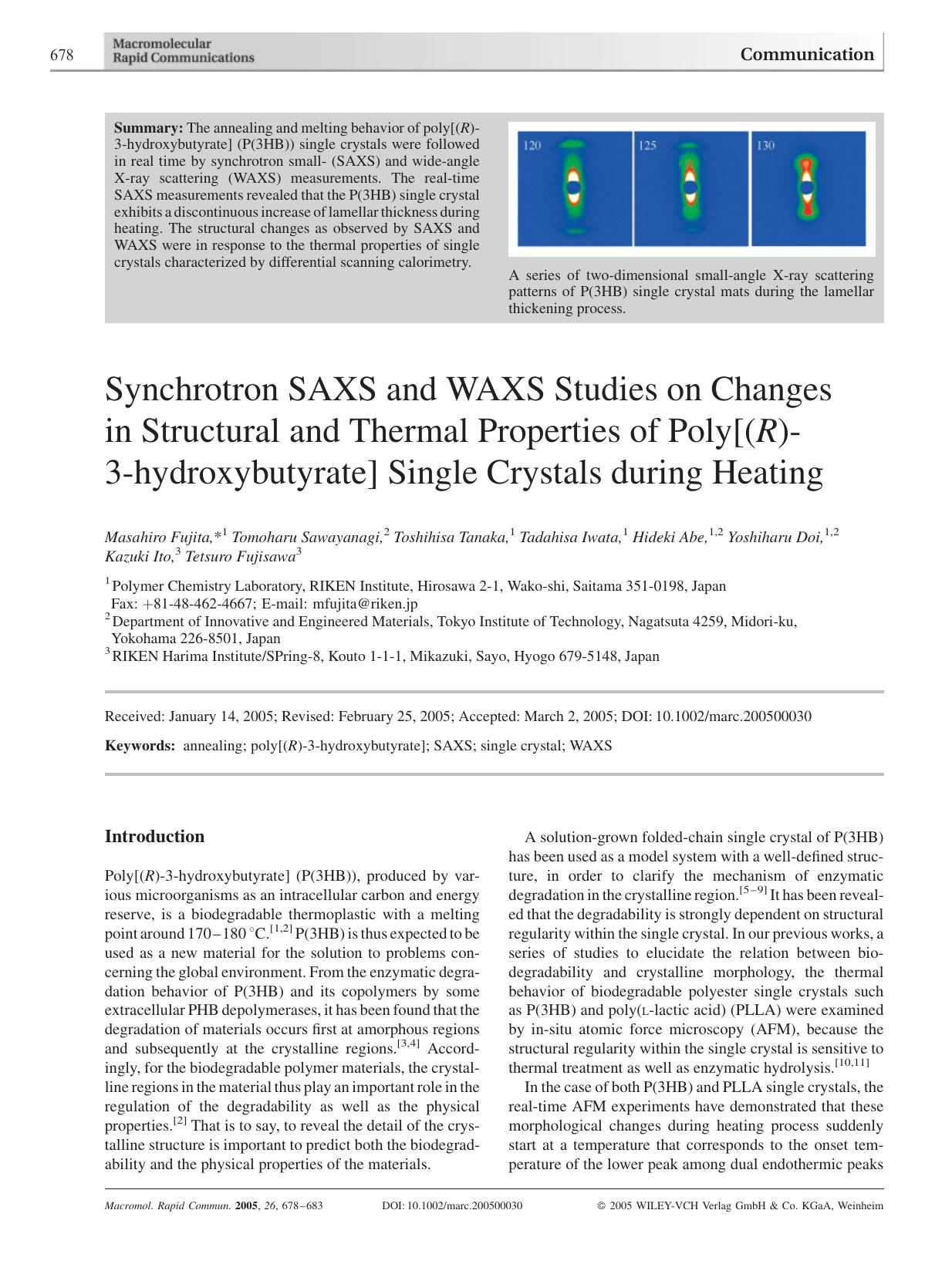 Synchrotron SAXS and WAXS Studies on Changes in Structural and Thermal Properties of Poly[(R)-3-hydroxybutyrate] Single Crystals during Heating by Unknown