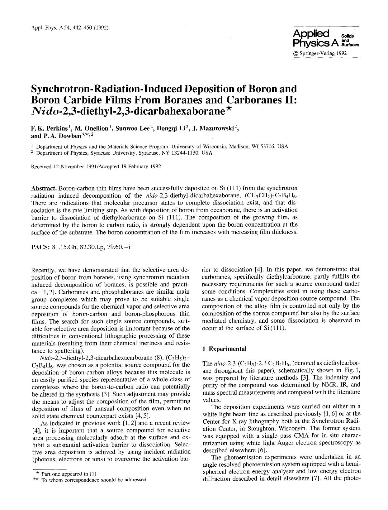 Synchrotron-radiation-induced deposition of boron and boron carbide films from boranes and carboranes II: <Emphasis Type="Italic">Nido<Emphasis>-2,3-diethyl-2,3-dicarbahexaborane by Unknown