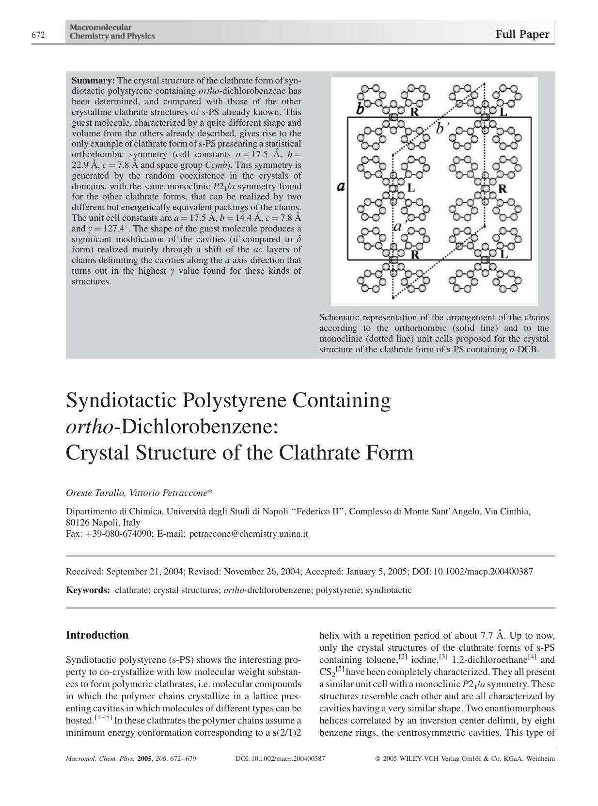 Syndiotactic Polystyrene Containing ortho-Dichlorobenzene: Crystal Structure of the Clathrate Form by unknow
