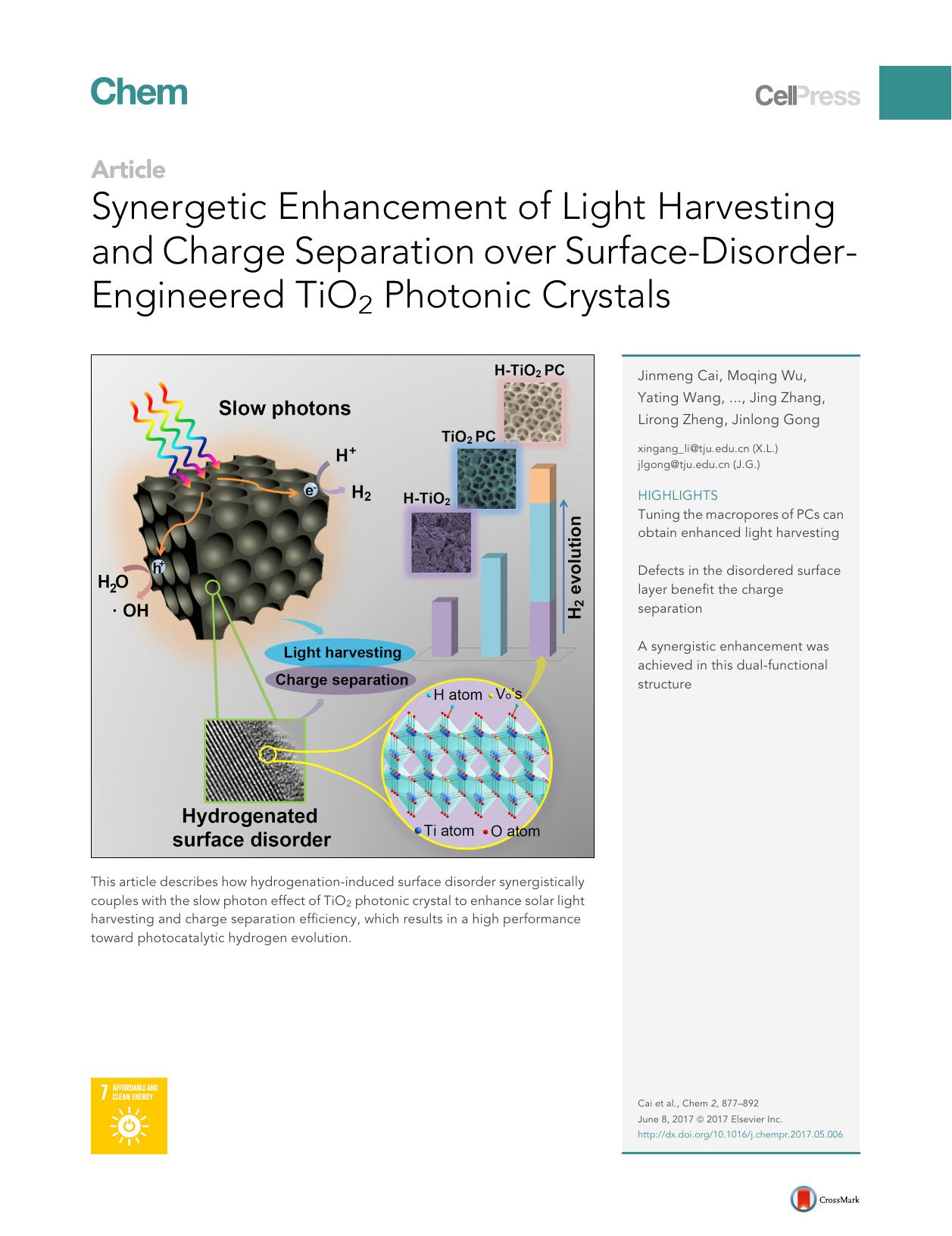 Synergetic Enhancement of Light Harvesting and Charge Separation over Surface-Disorder-Engineered TiO2 Photonic Crystals by unknow