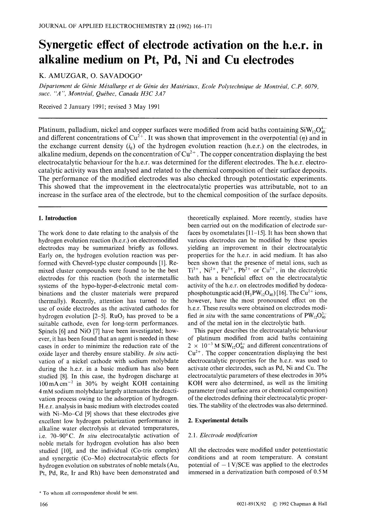 Synergetic effect of electrode activation on the h.e.r. in alkaline medium on Pt, Pd, Ni and Cu electrodes by Unknown