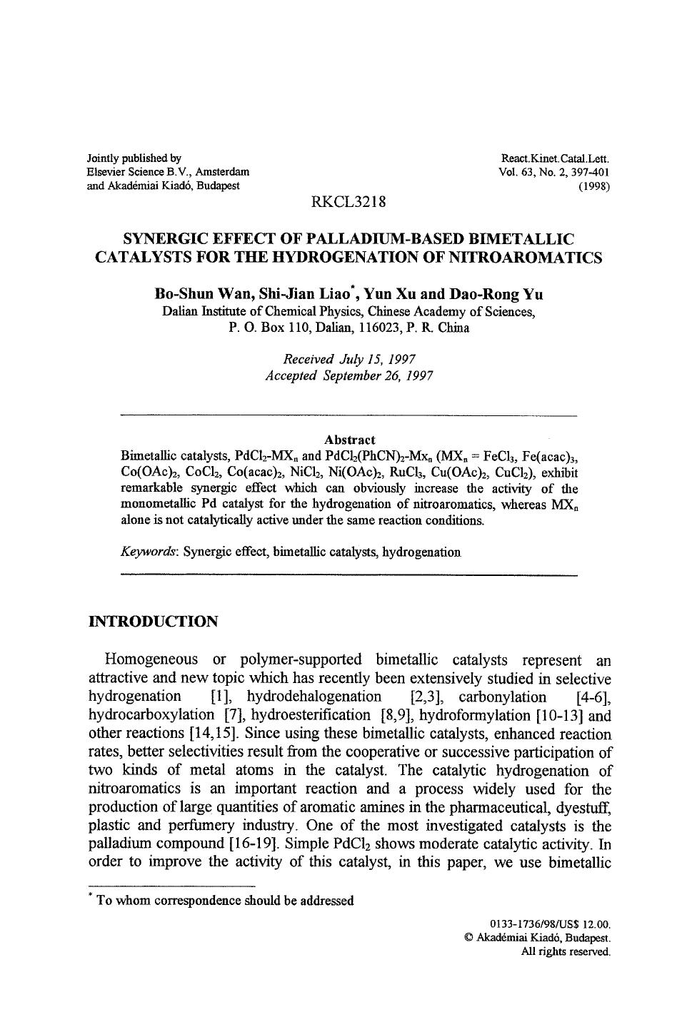 Synergic effect of palladium-based bimetallic catalysts for the hydrogenation of nitroaromatics by Unknown