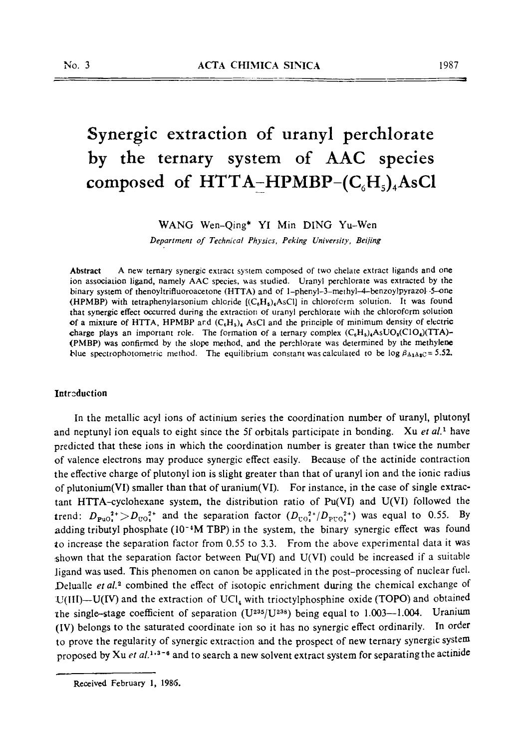 Synergic extraction of uranyl perchlorate by the ternary system of AAC species composed of HTTAHPMBP(C6H5)4AsCl by Unknown