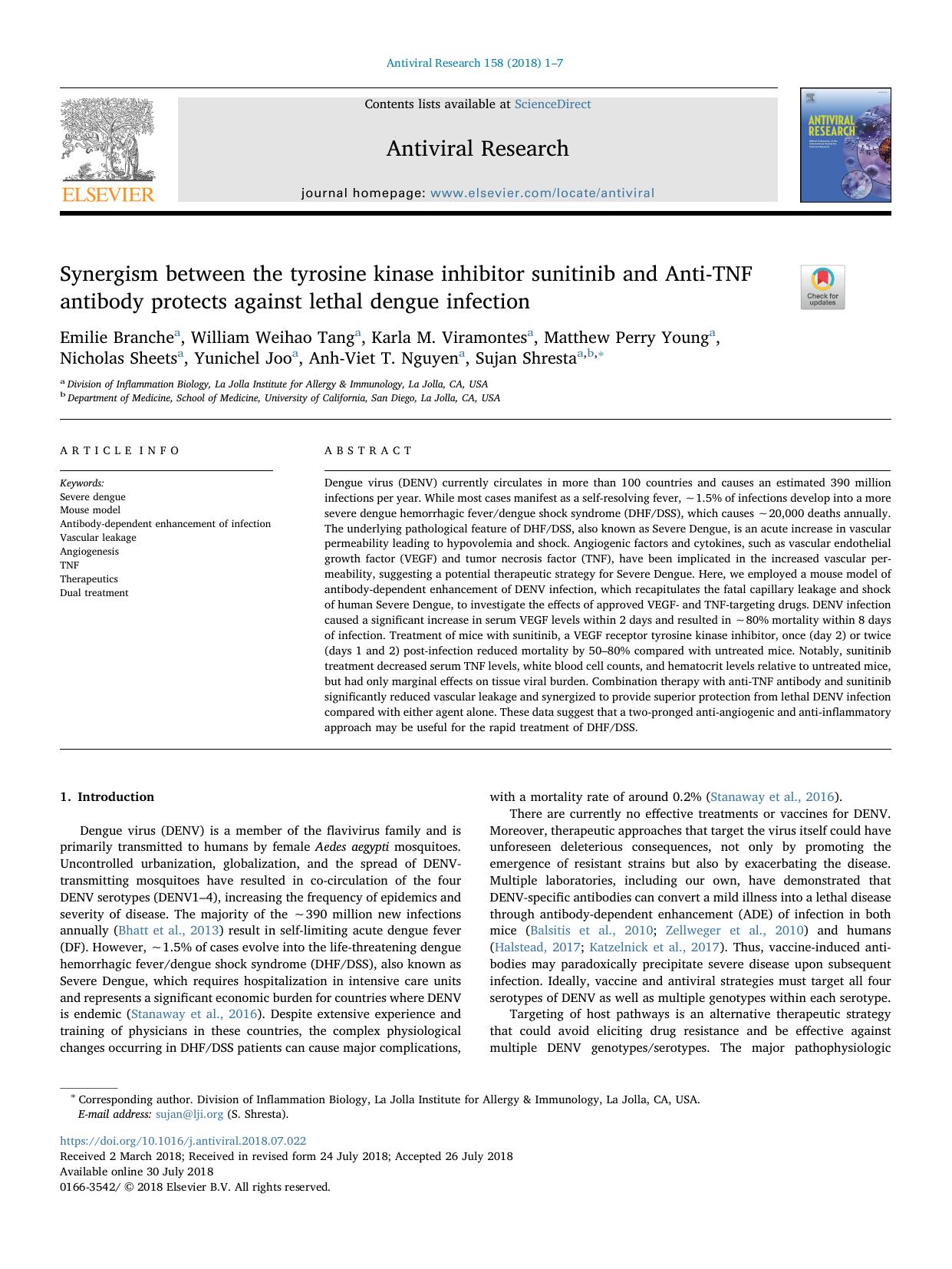 Synergism between the tyrosine kinase inhibitor sunitinib and Anti-TNF antibody protects against lethal dengue infection by unknow