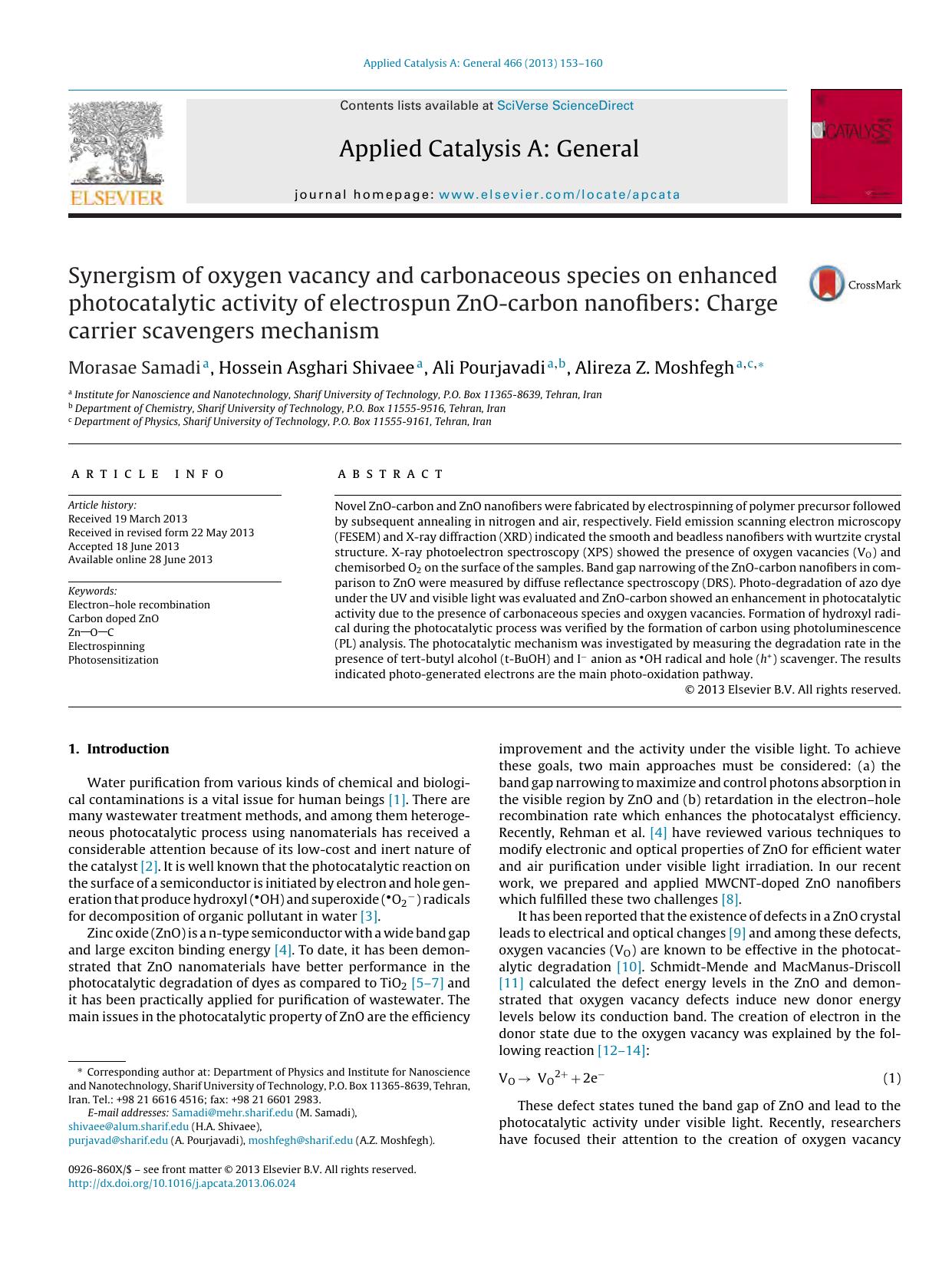 Synergism of oxygen vacancy and carbonaceous species on enhanced photocatalytic activity of electrospun ZnO-carbon nanofibers: Charge carrier scavengers mechanism by Morasae Samadi & Hossein Asghari Shivaee & Ali Pourjavadi & Alireza Z. Moshfegh