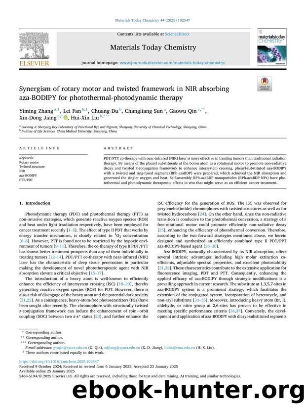 Synergism of rotary motor and twisted framework in NIR absorbing aza-BODIPY for photothermal-photodynamic therapy by Yiming Zhang & Lei Fan & Chuang Du & Changliang Sun & Gaowu Qin & Xin-Dong Jiang & Hui-Xin Liu