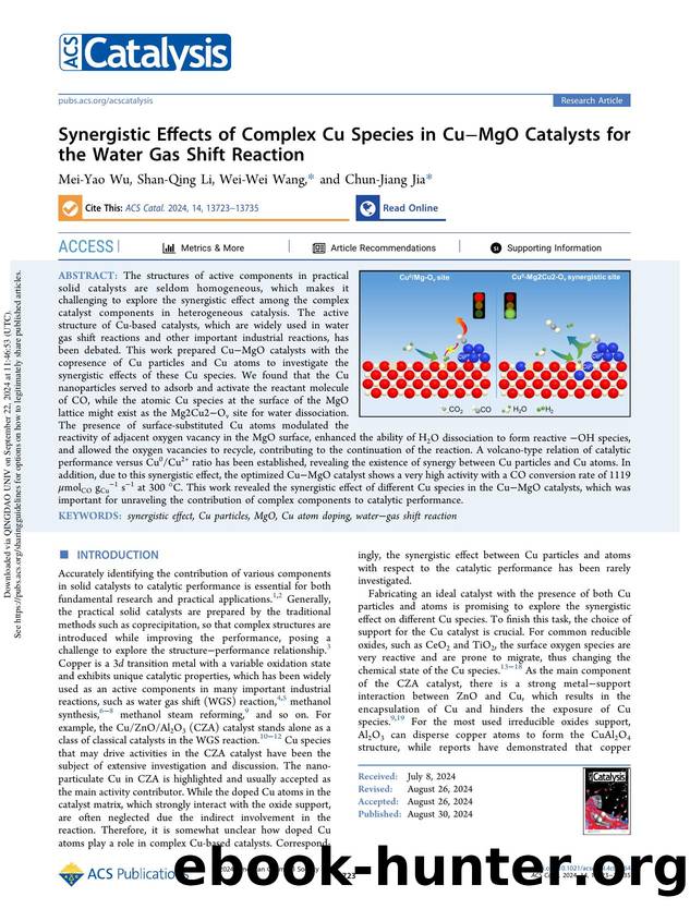 Synergistic Effects of Complex Cu Species in CuâMgO Catalysts for the Water Gas Shift Reaction by Mei-Yao Wu Shan-Qing Li Wei-Wei Wang & Chun-Jiang Jia
