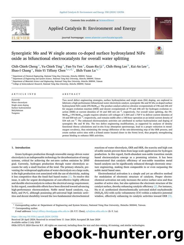 Synergistic Mo and W single atoms co-doped surface hydroxylated NiFe oxide as bifunctional electrocatalysts for overall water splitting by Chih-Chieh Cheng
