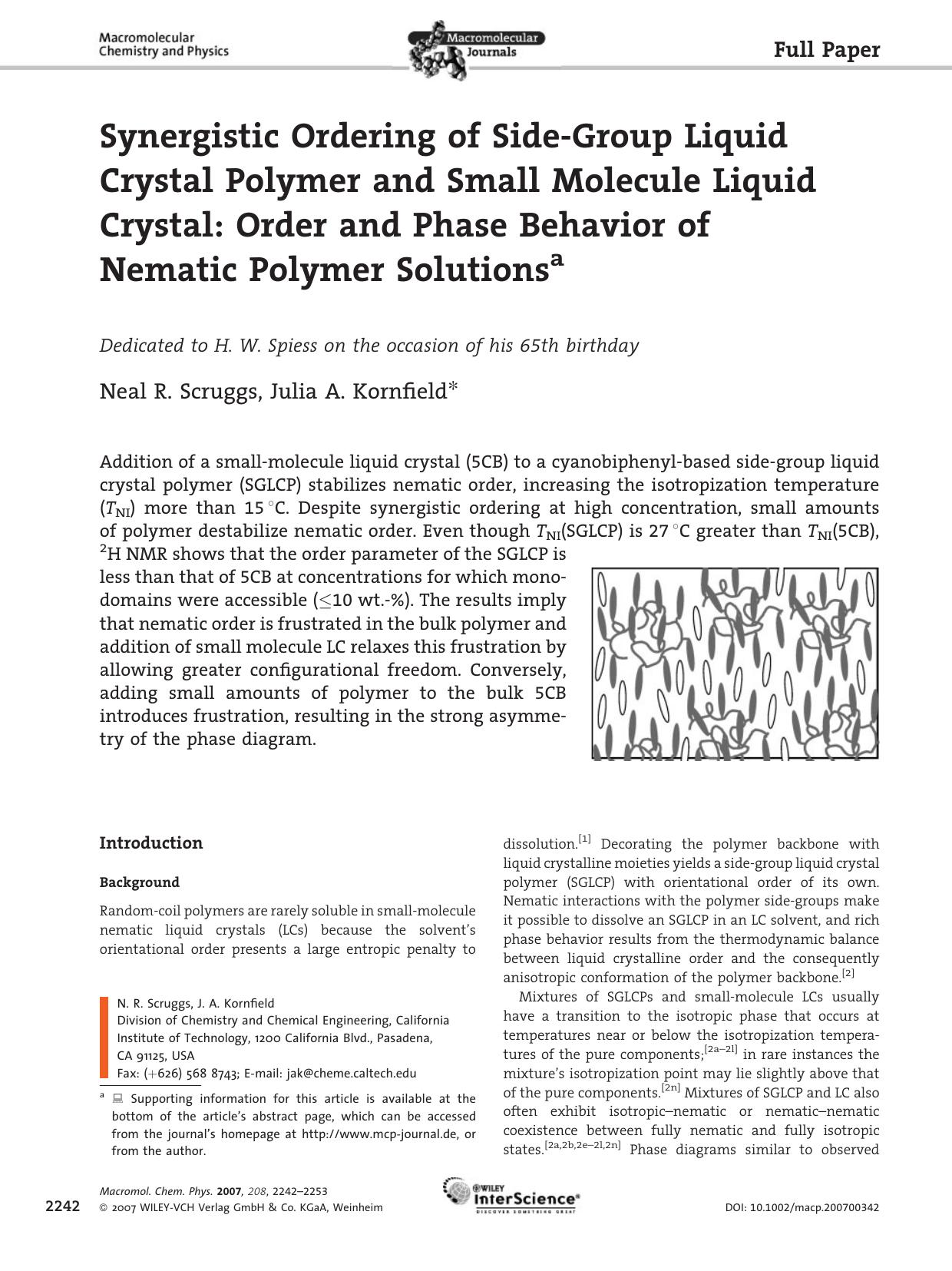 Synergistic Ordering of Side-Group Liquid Crystal Polymer and Small Molecule Liquid Crystal: Order and Phase Behavior of Nematic Polymer Solutions by unknow