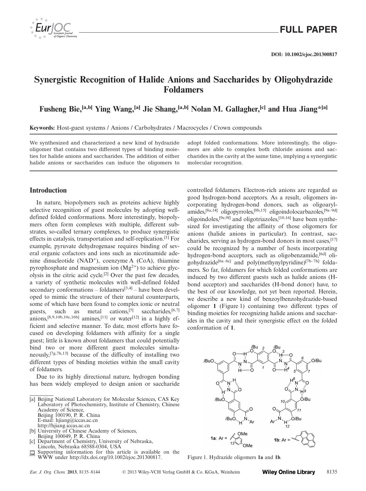 Synergistic Recognition of Halide Anions and Saccharides by Oligohydrazide Foldamers by Unknown