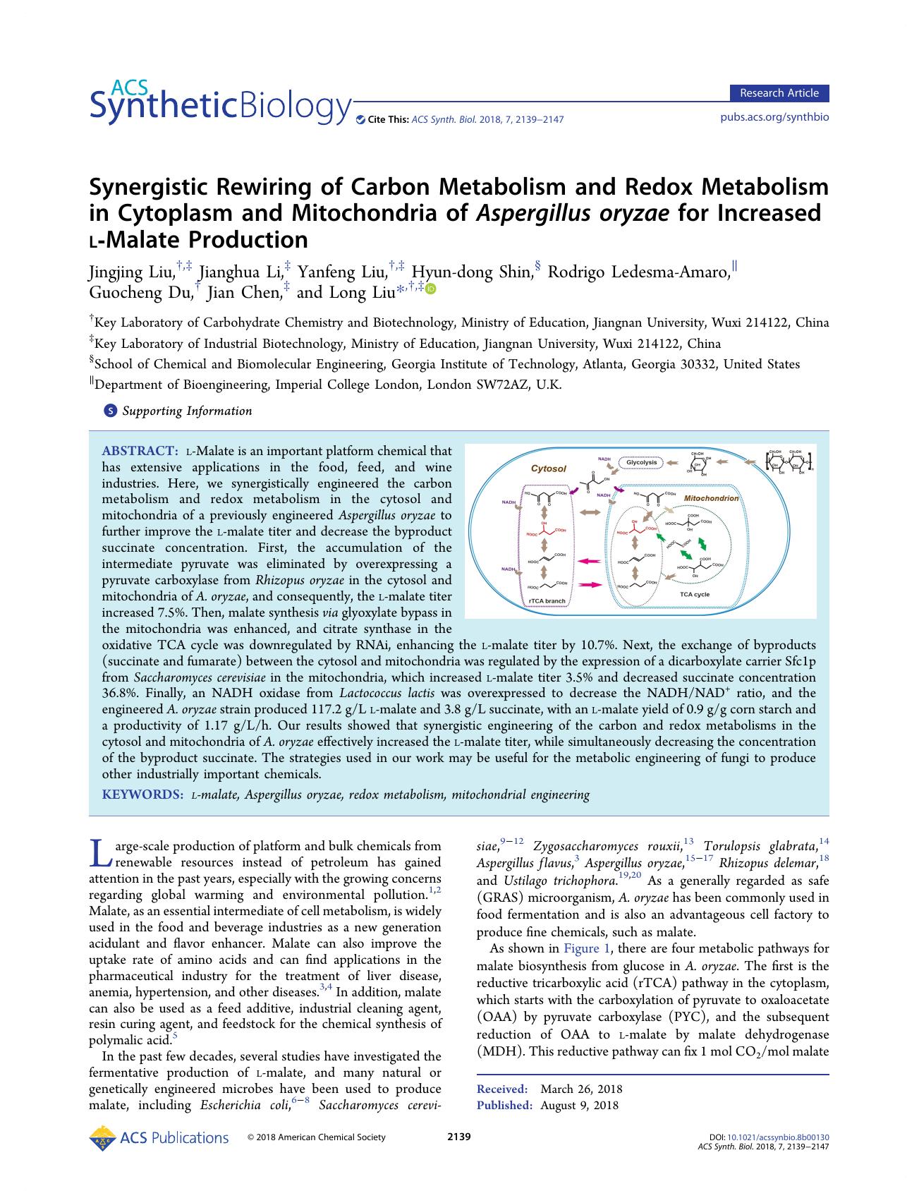Synergistic Rewiring of Carbon Metabolism and Redox Metabolism in Cytoplasm and Mitochondria of Aspergillus oryzae for Increased l-Malate Production by unknow