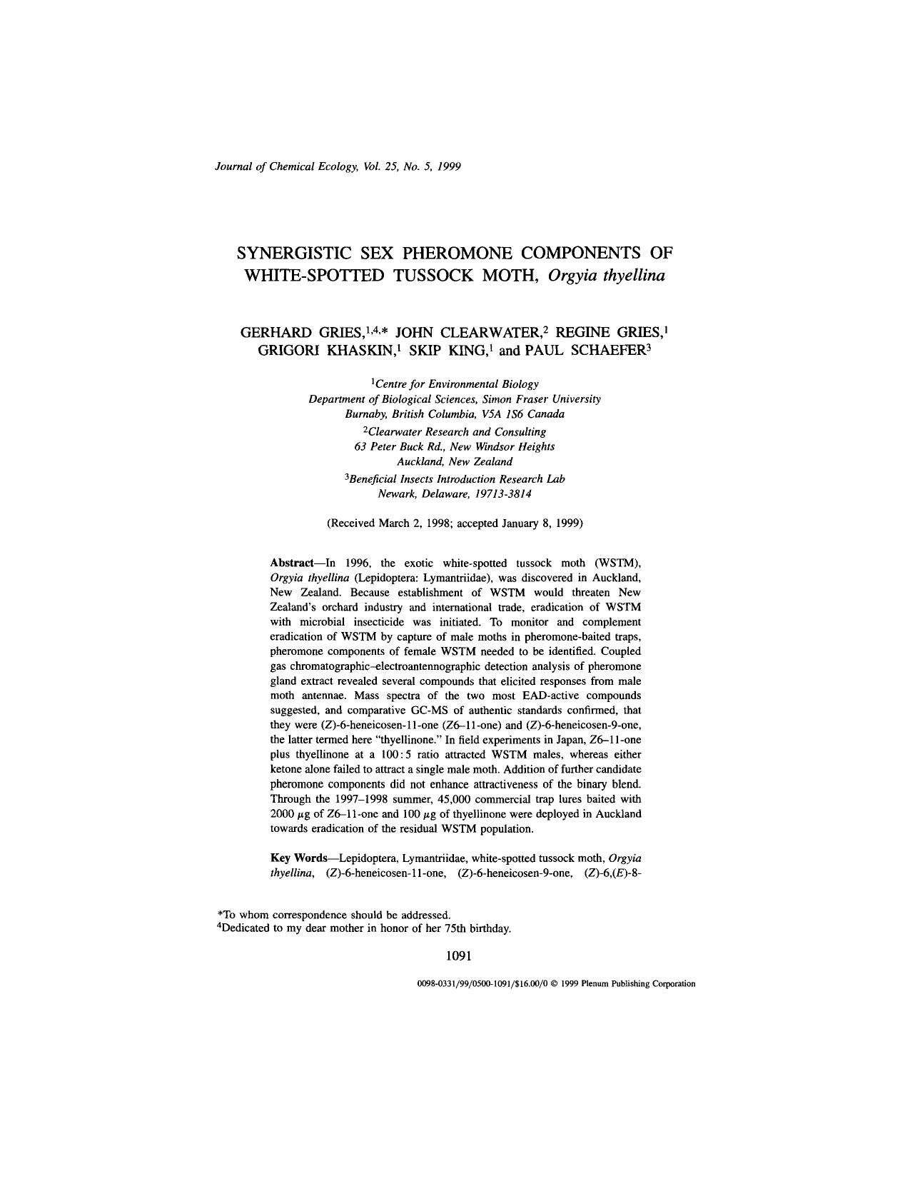 Synergistic Sex Pheromone Components of White-Spotted Tussock Moth, <Emphasis Type="Italic">Orgyia thyellina<Emphasis> by Unknown